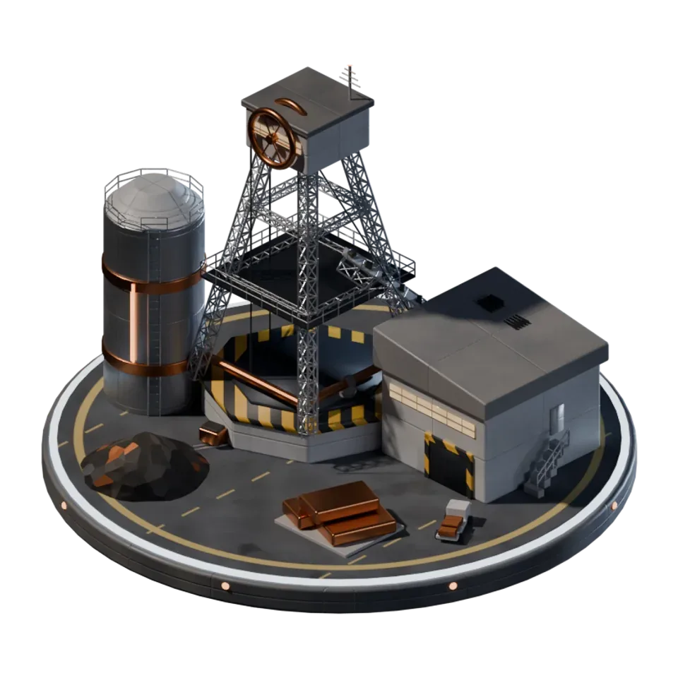 Isometrisch gerenderte Metallmine mit Förderturm, Silo und Lagerhalle auf einer runden Bodenplatte