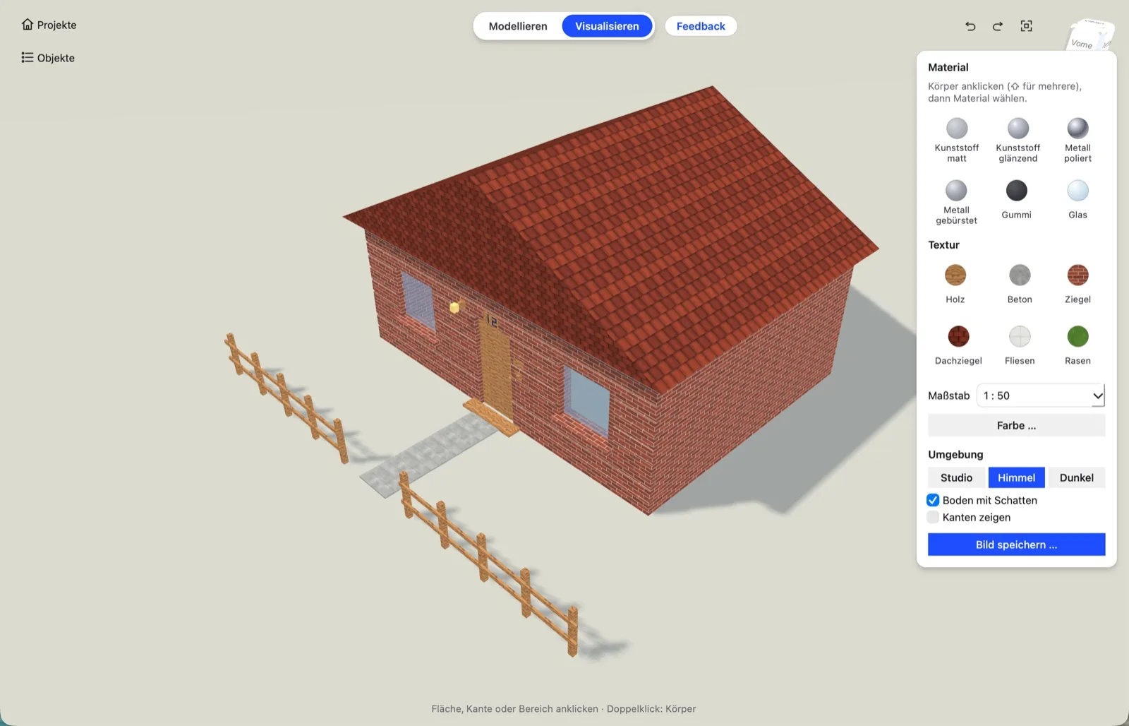 Das Haus mit Ziegelwänden und Dachziegeln, rechts eine Leiste mit Materialien, Texturen und Umgebungen
