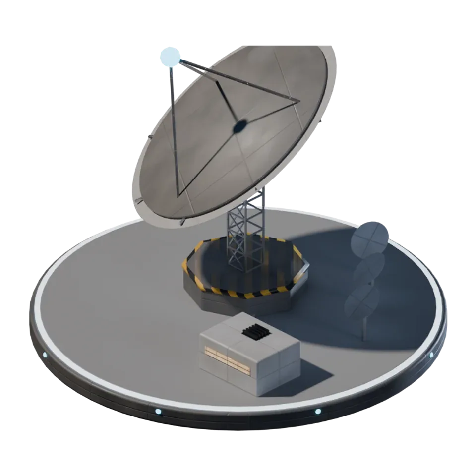 Gerenderte Sensorphalanx: eine große graue Parabolantenne auf einem Gittermast, daneben ein kleines Technikgebäude